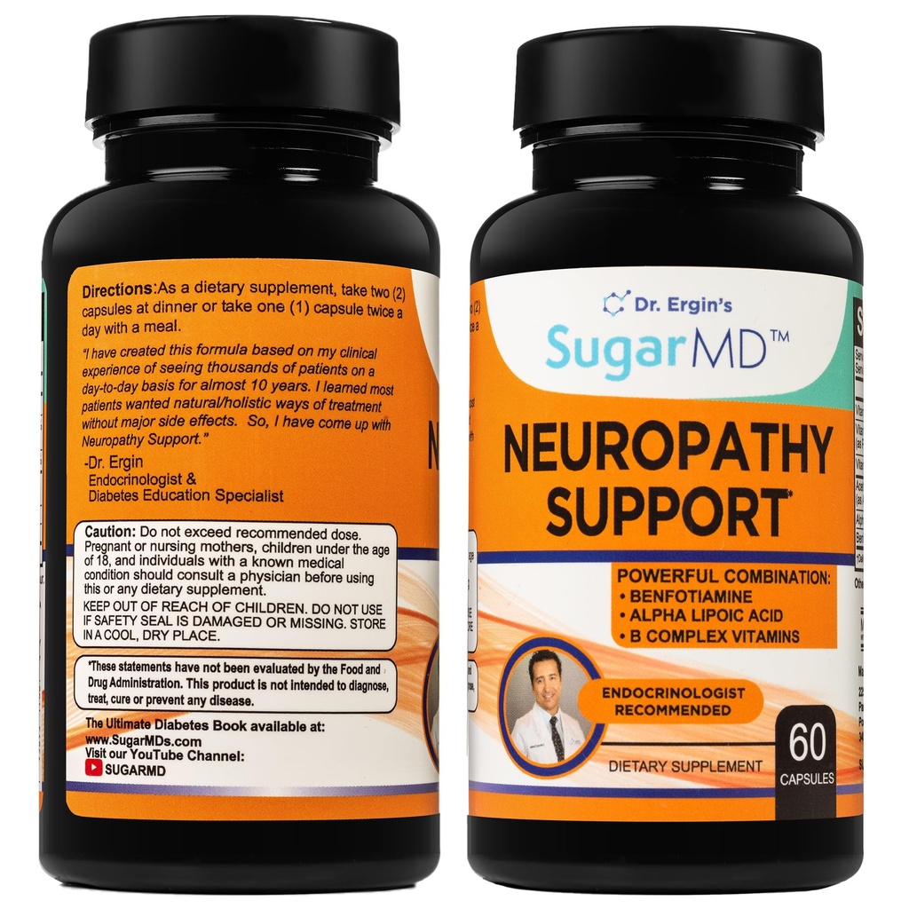 SugarMD Neuropathy støtte Supplement – 60 Nerve Supplement Kapsler med Alpha Lipoic Acid, Benfotiamin & Vitamin D3 B6 B12 - Nerve støtte Supplement for føtter, hender, fingre og ben - 30 dagers forsyning