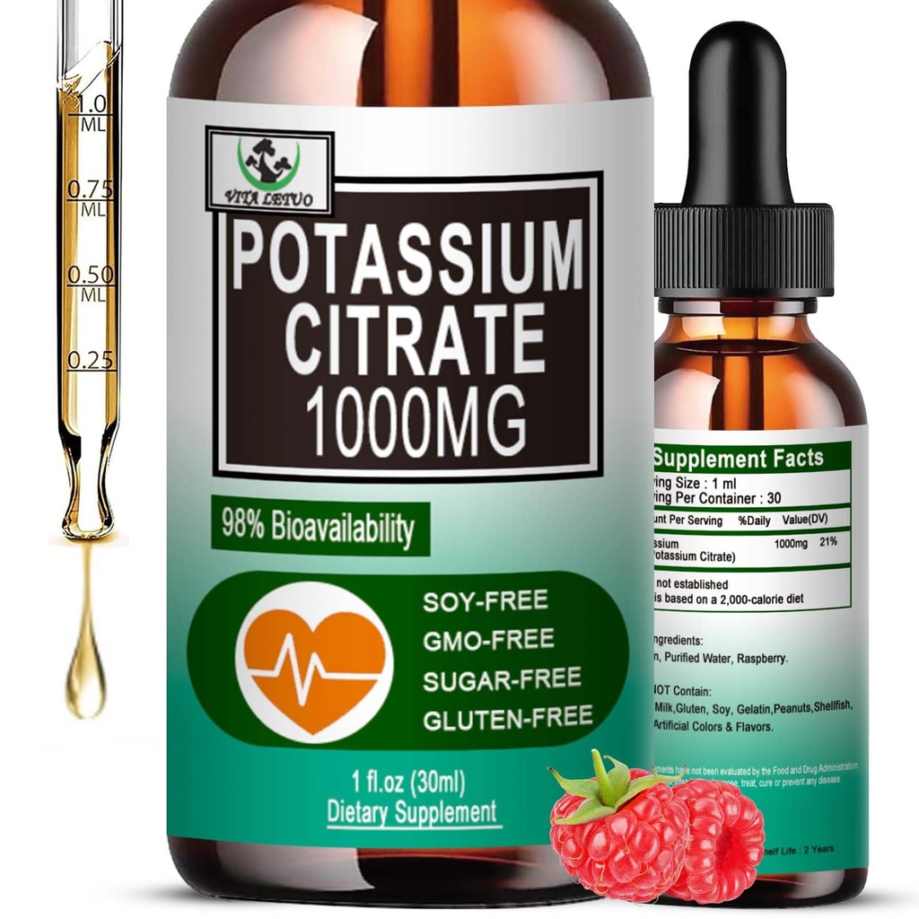Kalium Citrat flytende dråper, Potassium Supplement 1000mg flytende støtte muskel crampe relief, hjerte helse og søvn, høy absorberbar for voksne kvinner og menn, vegansk, 30 serveringer