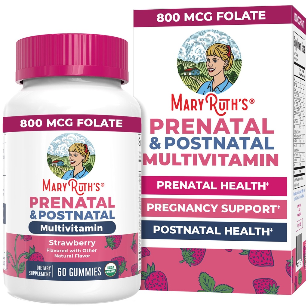 MaryRuth Organics Prenatal Vitaminer for kvinner | USDA Organic Prenatal Gummies | Postnatal Vitaminer for kvinner Brystmating | Metylfolat 800 mcg DFE | Iodin | Vegan | Ikke GMO | 30 Serveringer