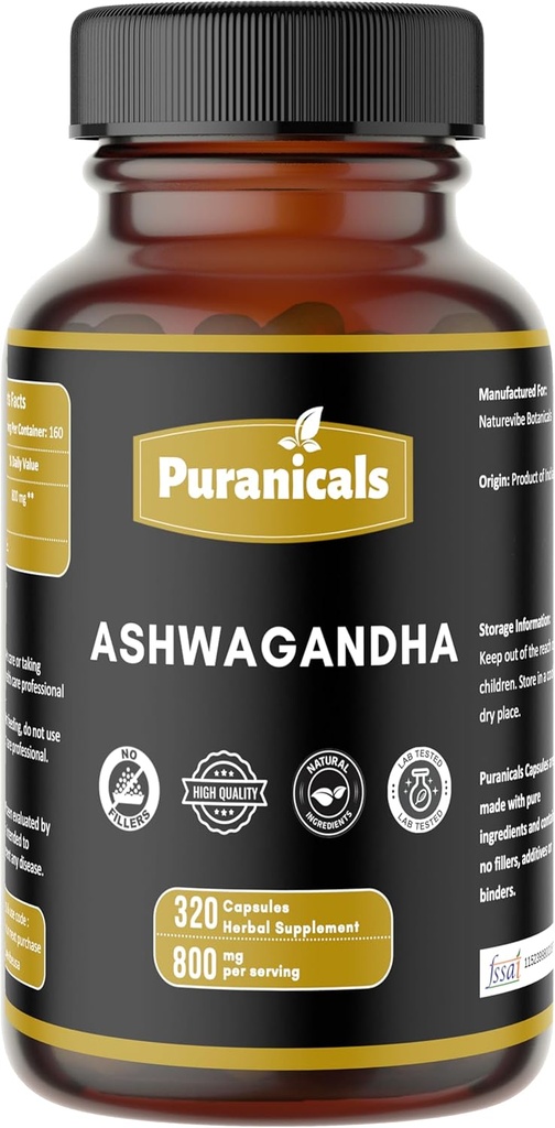 Ashwagandha Premium 320 Kapsler Ikke GMO og Glutenfri | Herbal Supplement | 800 mg Per Serving | Laget med 100% ren urt Ashwagandha pulver