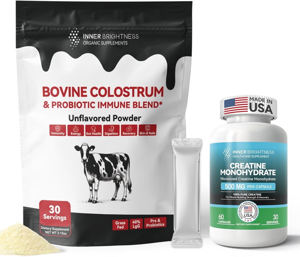 Kolostrum Supplement pulver for gut, immun helse og næringsstoffer absorpsjon, 30 serveringer + kreatinmonohydrat kapsler for muskelbygger