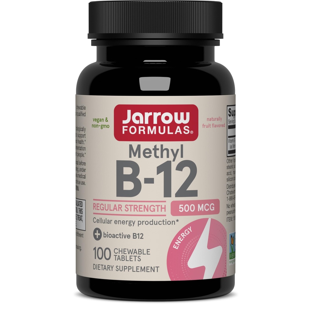 Jarrow Formulas® Metyl B-12 Tabletter, 500 mg, Diett Supplement for cellulær energiproduksjon og hjerne helse støtte, 100 Cherry Flavor Chewable tabletter, 100 dagers forsyning