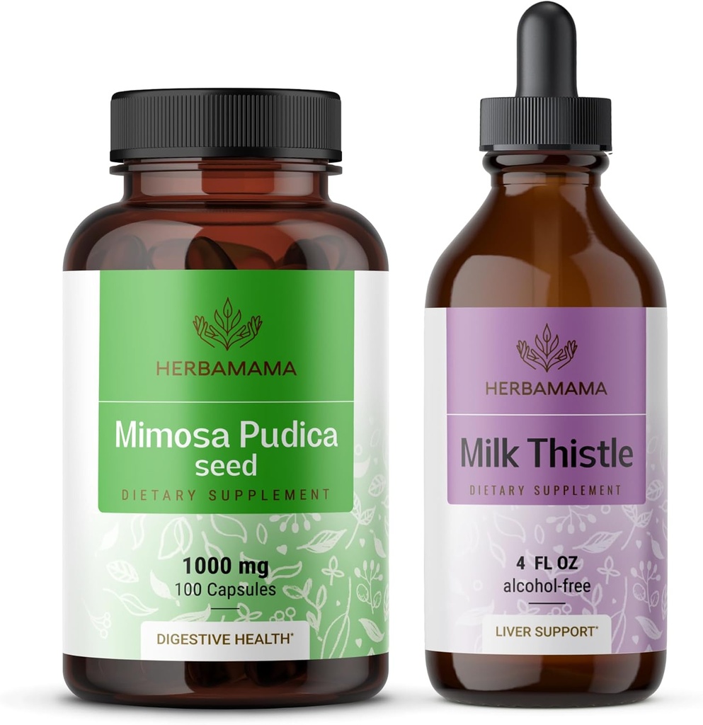 HERBAMAMA Mimosa Pudica og Melk Thistle Kit - Bundle av 1000 mg Mimosa Pudica Kapsler & Melk Thistle Tinkture 4 fl oz - Vegan, ikke-GMO, sukker og alkohol-fri - 2 pakke