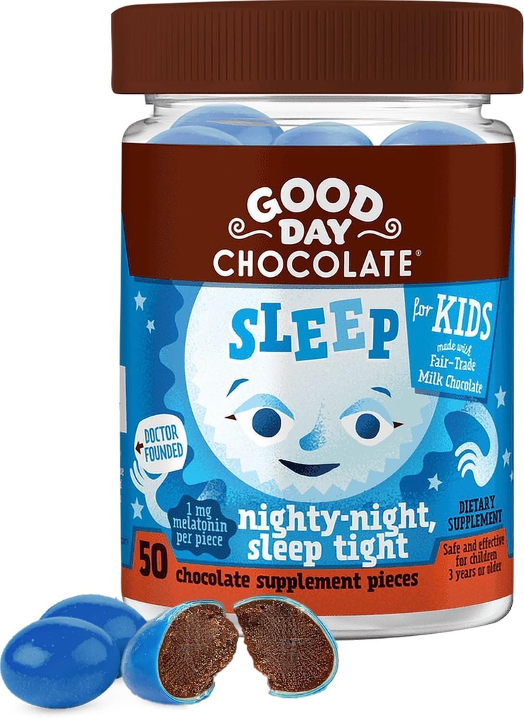 God dag sjokolade Melatonin for barn [50 greve] - Fair Trade Non-GMO sjokolade med kamille og melatonin 1 mg - Todler Melatonin, barn naturlig søvnhjelp i alderen 3 og opp