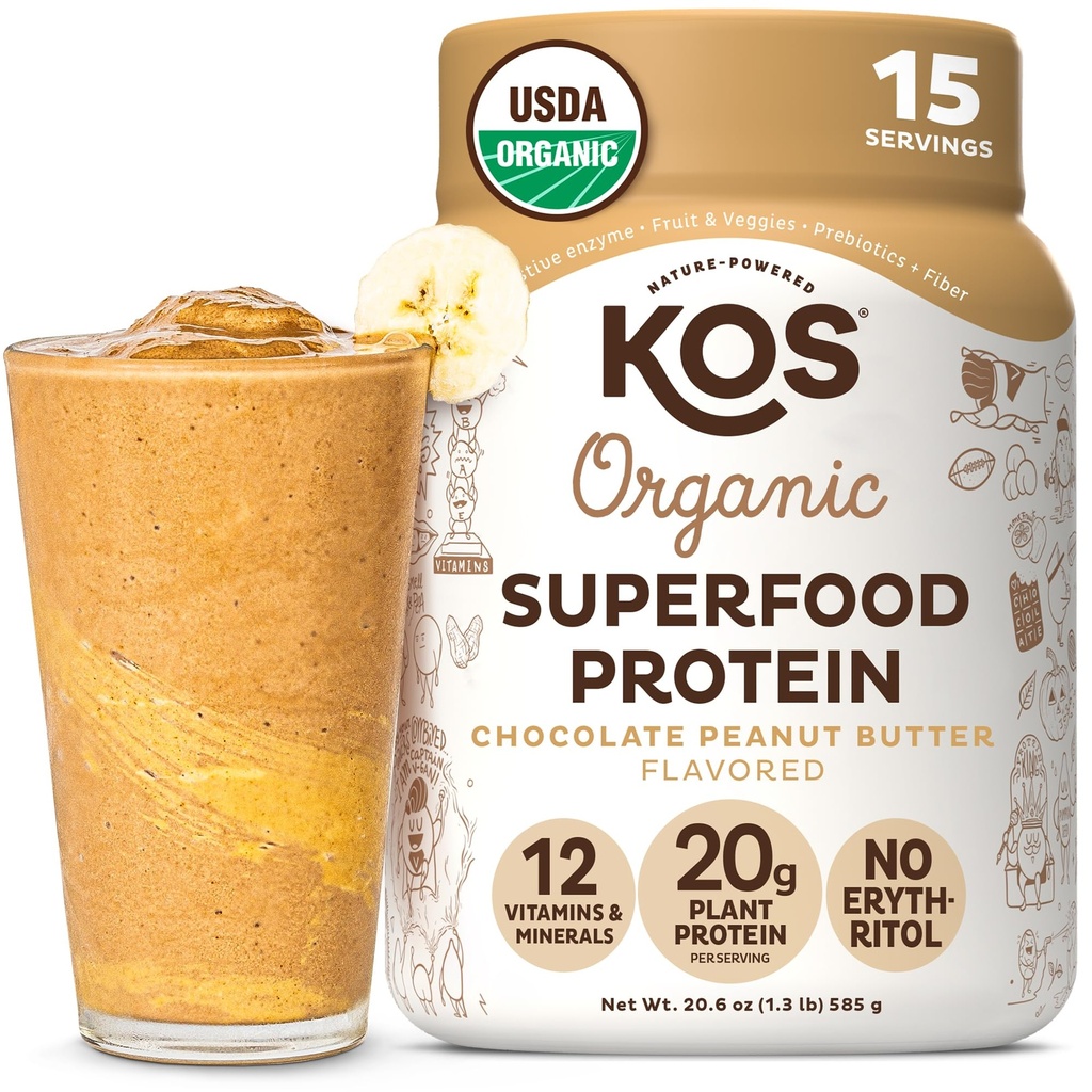 KOS Organic Plant Basert Proteinpulver, Sjokolade Peanut Smør - Delicious Vegansk Protein pulver - Keto Vennlig, Glutenfri, Dairy Gratis og Soya Gratis - 15 Serveringer