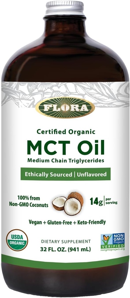 Flora - MCT oljesertifisert organisk - støtter muskel energi og hjerne helse - inneholder C8 Caprylsyre & C10 Capric Acid - Ikke-GMO, Glutenfri, Vegan & Keto-vennlig - 32 fl oz. Glassflaske