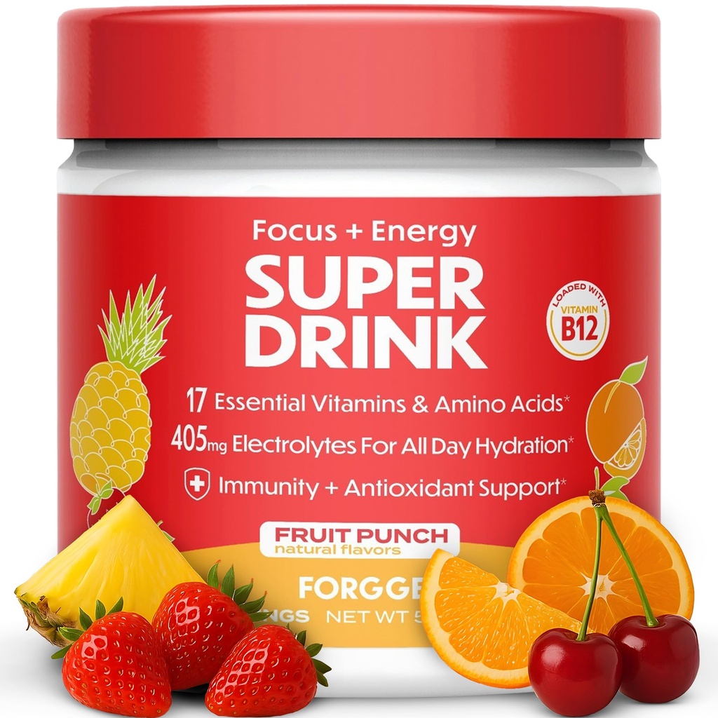 Forge sunn energi drikke pulver blanding - ren koffein + B12, B6, C & D vitaminer - sukkerfri energi drikke pulver med elektrolyter, aminosyrer, antioksidanter, løver mane - vegansk, keto-vennlig - 30 SVG, frukt punch