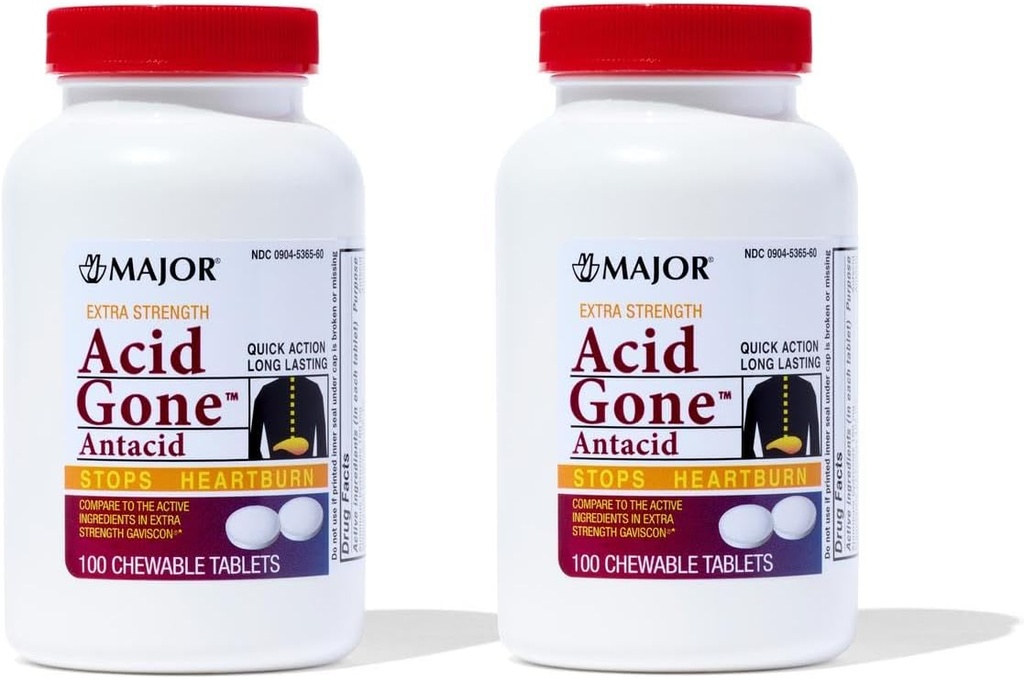 Major Acid Gone Extra Styrke Antacid Chewable Tabletter - Anti-Acid Relief - Acid Reflux Medisin for voksne - Oppsett Mage, Acid Indigation, og Heartburn Relief - Lang-Lasting - 100-Count (2 Pack)