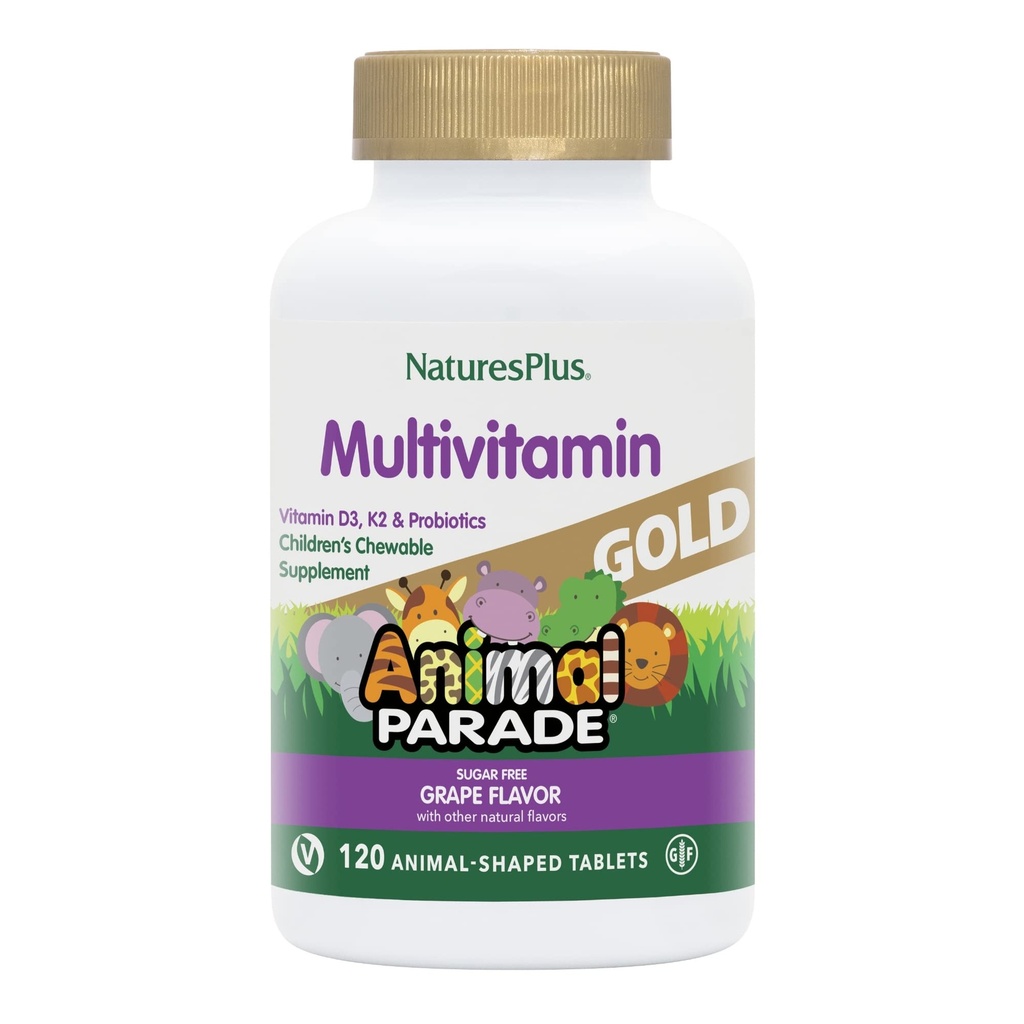 Natures Plus Animal Parade Gull Barn Multivitamin, Grape Flavor - 120 Chewable Animal Shaped Tabletter - Vegan, Glutenfri - 60 Serveringer