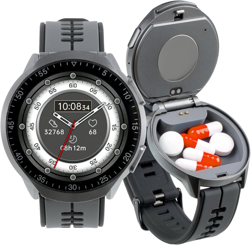 Smart Watch Pill Box, Fitness Smartwatch med Bluetooth-samtale for menn, Vannbestandig Pill Arrangør for nødsituasjon, Pill Case for nødsituasjon, Liten Pill Container for vitamin, Fiskeolje