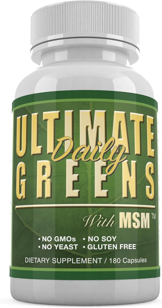 Daglig helse, Ultimate Greens med MSM 1925mg Vegansk Vennlig Naturlige ingredienser Superfood Grønnsaker Næringsmiddel Alkalizing Immune Energy Support Supplement 180 kapsler (1 måneds forsyning)