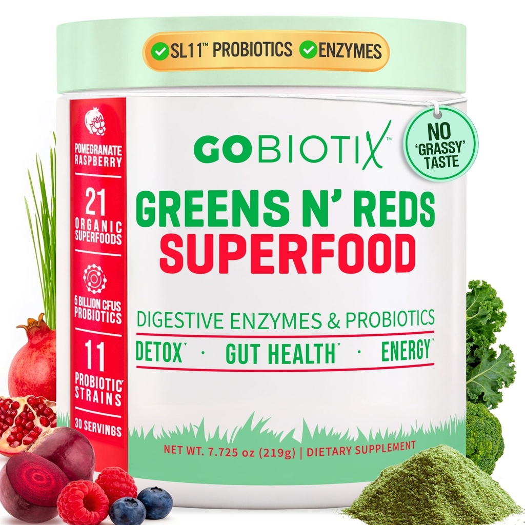 GOBIOTIX Super Greens og Reds Powder - Rød og grønn Superfood - Probiotiske Supplement - Digestive Enzymer og Beet Root Powder - Økologisk hele Mat Kosttilskudd (Pom bringebær, 1 Pack)