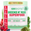 GOBIOTIX Super Greens og Reds Powder - Rød og grønn Superfood - Probiotiske Supplement - Digestive Enzymer og Beet Root Powder - Økologisk hele Mat Kosttilskudd (Pom bringebær, 1 Pack)