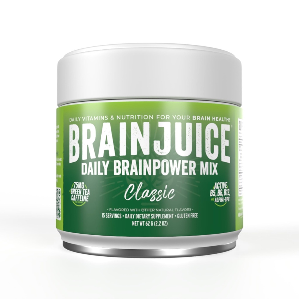 BrainJuice Nootropics Brain Support Supplement, Glutenfritt pulver for energi og fokus, Drikkeblanding med L Theanine, Alpha GPC, Vitamin B, Organisk Grønn Te Ekstrakt Koffein, Klassisk, 15 Serveringer