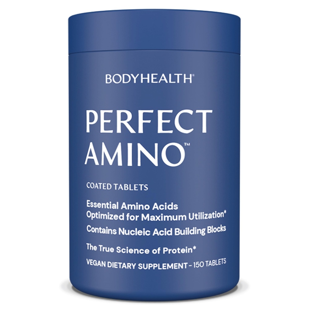 BodyHealth PerfectAmino (150 ct) lett å svelge tabletter, essensielle aminosyrer Supplement med BCAA, Vegansk Protein for pre/post trening og muskel gjenoppretting med lysin, Tryptofan, leucin, metionin