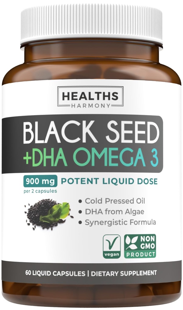 Cold-presset svart frøoljekapsler - Vegan Non-GMO Nigella Sativa Black Seed Oil Supplement med Omega 3 DHA for full kropps velvære og hjerne støtte - Vegan Omega 3 & Thymoquinon-Rich (1 måned)