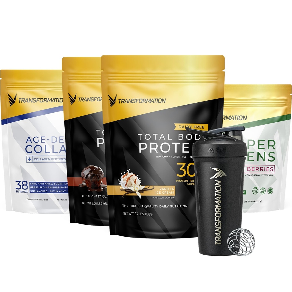 Transformasjon Vanilla & Sjokolade Protein pulver | Super Grønn Superfood Grønn Juice pulver | Grass-Fed Hydrolysert Collagen Peptider pulver | Transformasjon ytelse Shaker BlenderBottle