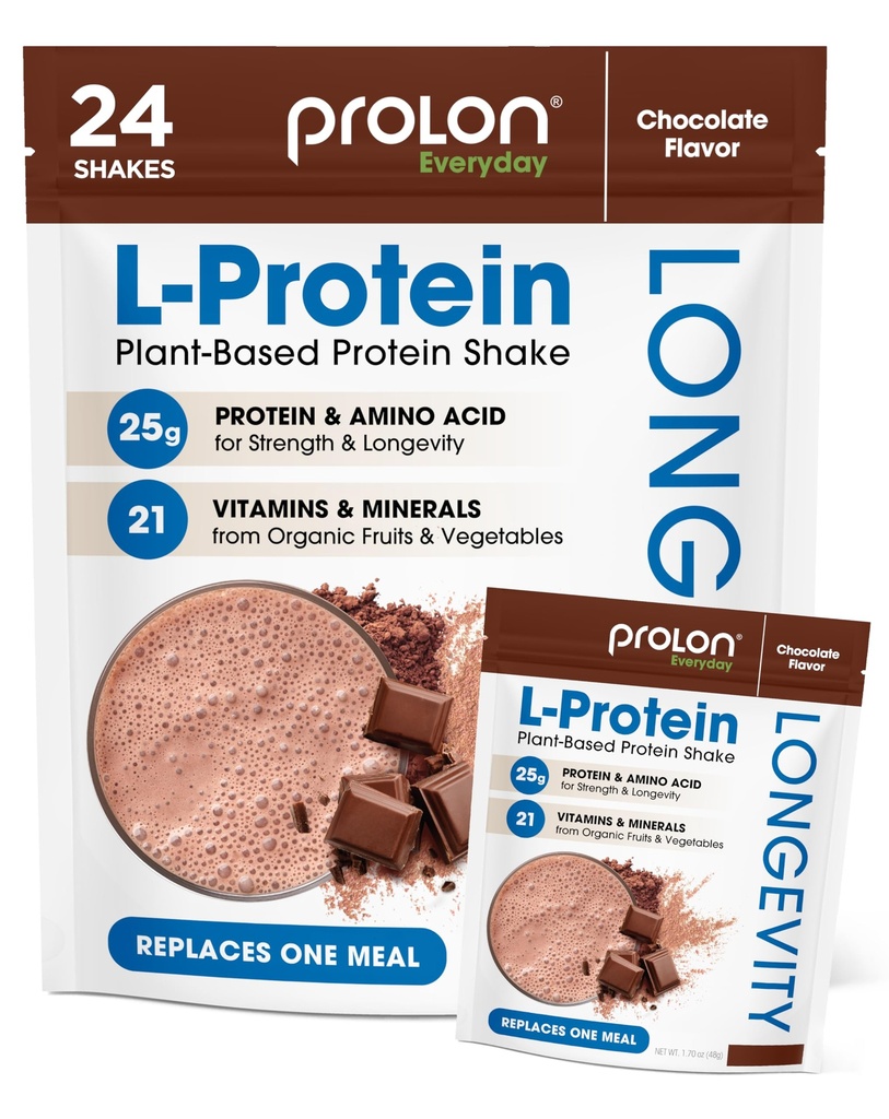 Prolon Longevity Plant Basert Protein Powder | Muskelsyntese & Reparasjon, Sunn aldring, Økt ytelse | Vitaminer, Glutenfri, Aminosyrer, Antioksidanter | 25g protein | Sjokolade, 24 pakker