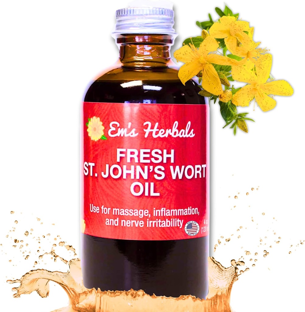 Em's Herbals Fresh St. John's Wort Oil - Wild Harvested i USA, Naturlig løsning for Nerve Discomfort, hudutbrudd, sårpleie, ar og strekkmerker - hud, ansikt, kropp, hår, Massasjeolje (4 Oz)