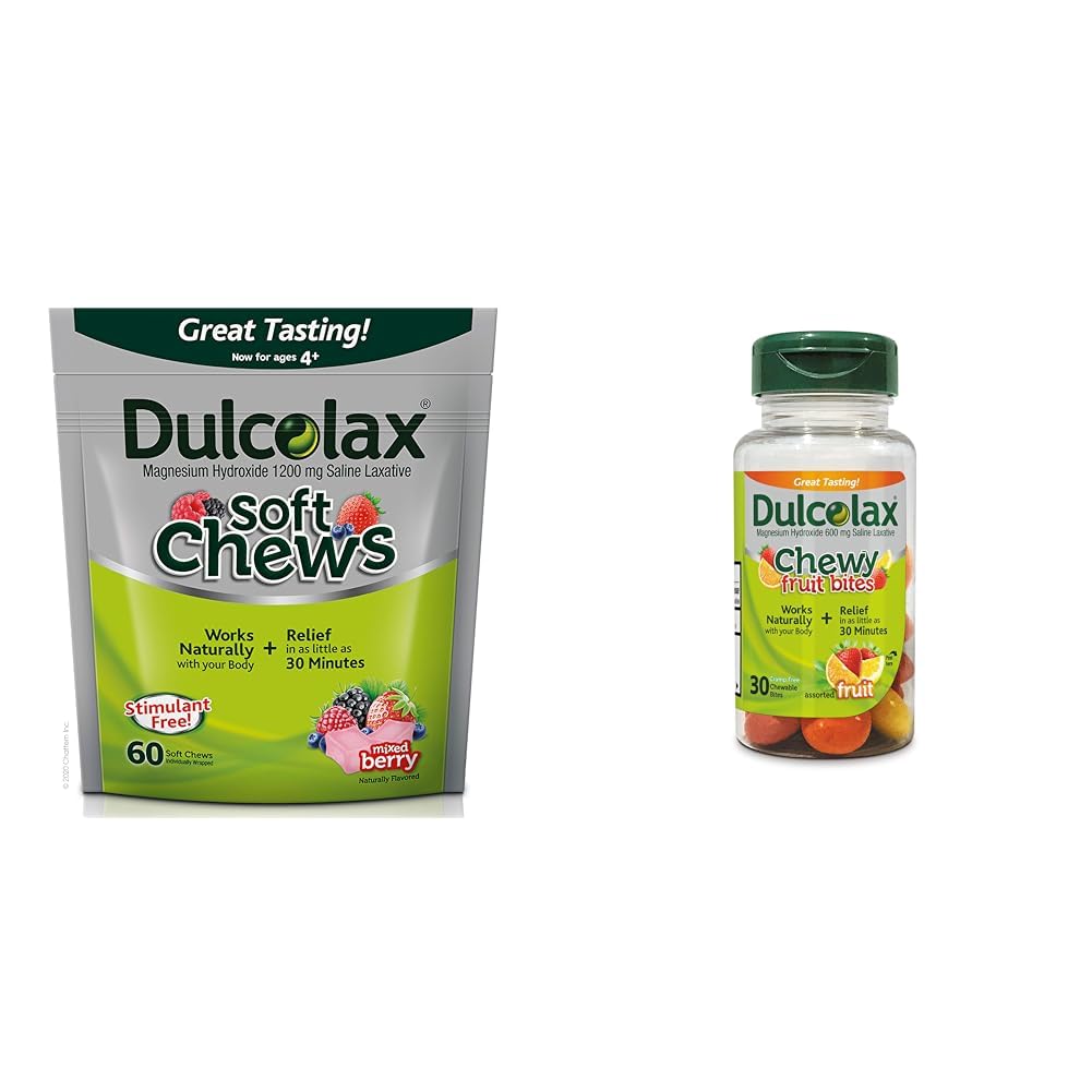 Dulcolax Soft Chews Saline Laxative Blandet Berry (60ct) Gentle Acceleration Relief, Magnesium Hydroxid 1200mg & Chewy Fruit Bites, Saline Laxative, Assortert Frukt (30ct) Cramp-Free Acceleration Relief