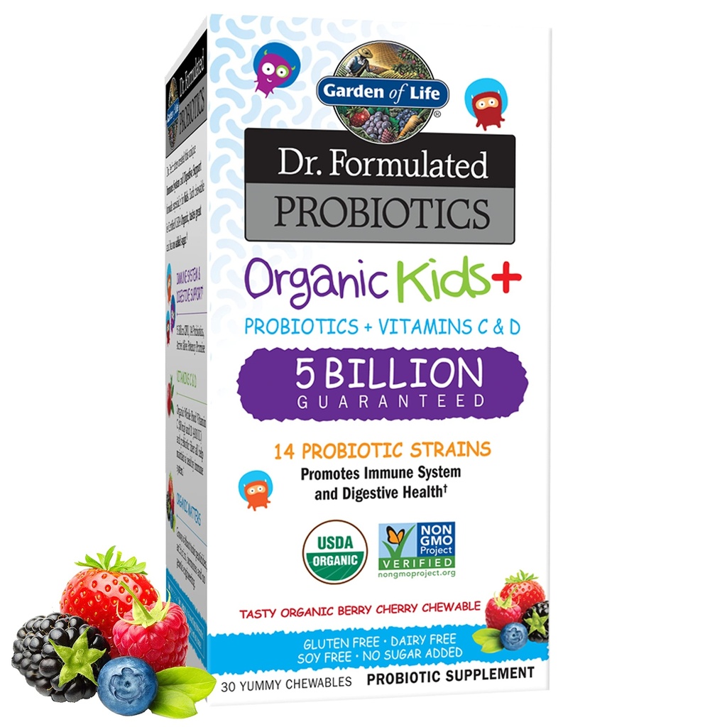 Livshage Kids Probiotika, Dr. Formulert Probiotika Organiske Kids+ Vitamin C & D, Berry Cherry, Gluten Dairy & Soya Gratis Immun & Digestiv Helse Supplement, 30 Chewables