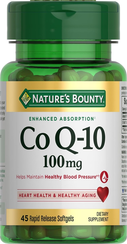 Naturens Bounty CoQ10 100mg for hjerte helse støtte, ikke-GMO Q-Sorb Coenzym Q-10 Antioksidant støtte og kardiovaskulær helse, kosttilskudd, Rapid Release Softgels, 45 ct