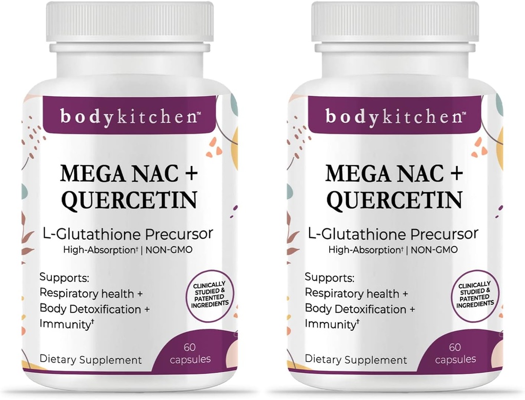 Body Kitchen Mega NAC (N-Acetyl Cysteine) 600 mg med Quercetin, støtter pustende helse og immunfunksjon og fremmer lever og nyre Detox, Veggie Caps, (Pack of 2)