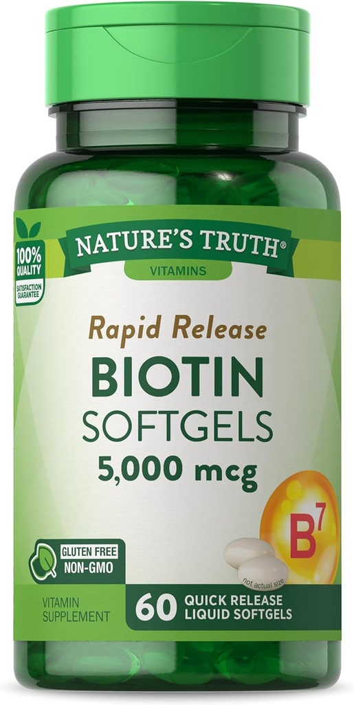 Naturens sannhet Biotin 5000mcg | 60 mykgels | Ikke-GMO & Glutenfri kosttilskudd for menn og kvinner