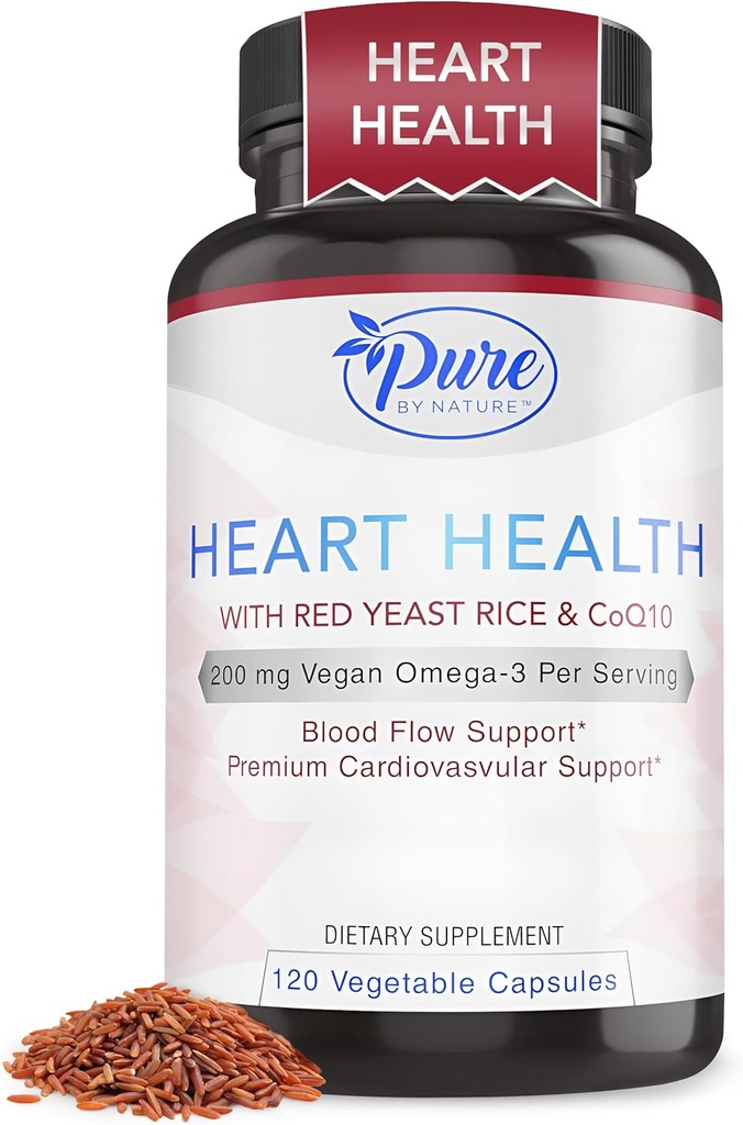 Pure By Nature Red Yeast Rice med CoQ10 Supplement for menn og kvinner, 200mg Vegan Omega 3 Per Serving, Glutenfri ikke-GMO, 120 kapsler