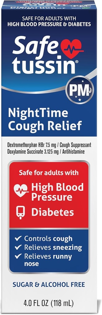 Safetussin PM natttid Cough Relief Syrup, 4 Ounce flaske