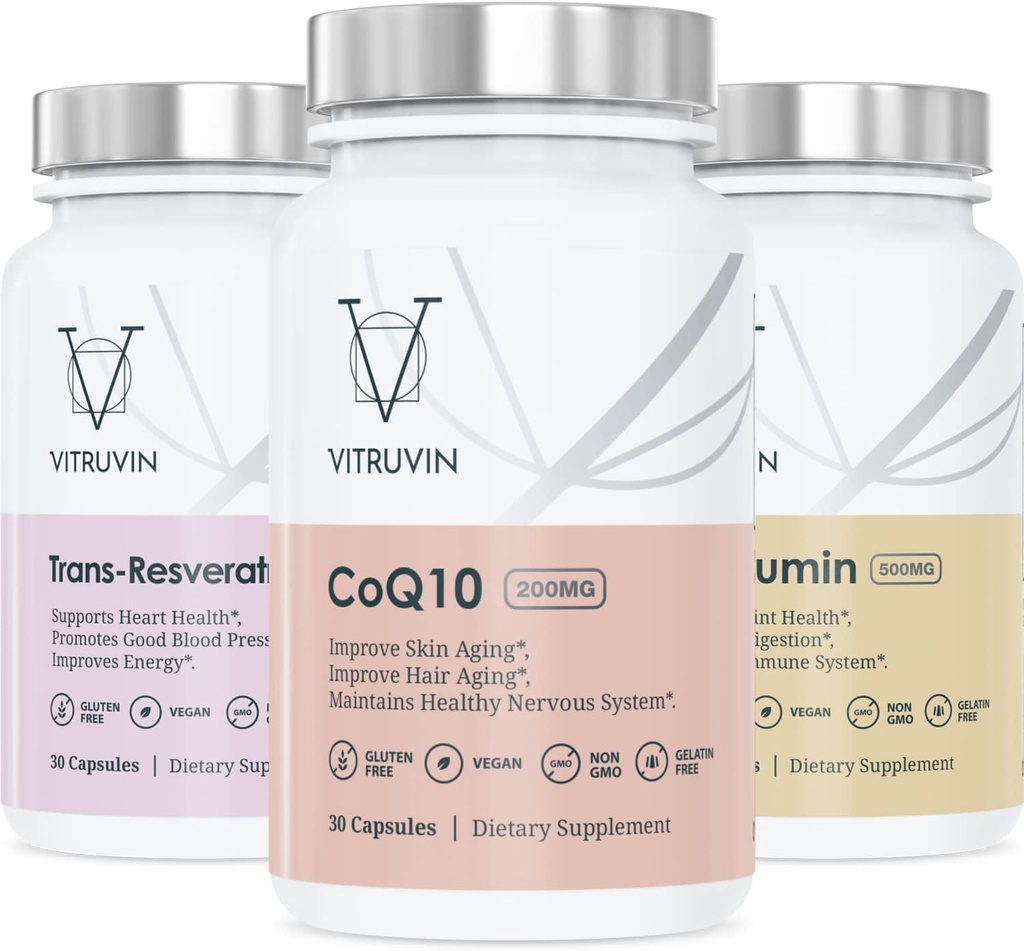 Vitruvin Beauty + Comfort Pack COQ10 200mg + Trans- Resveratrol 500mg + Curcumin 500mg, Vegansk, Ikke-GMO, Glutenfri, Gelatinfri. Sunn hud, Hør, Joints og Brain