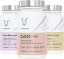 Vitruvin Beauty + Comfort Pack COQ10 200mg + Trans- Resveratrol 500mg + Curcumin 500mg, Vegansk, Ikke-GMO, Glutenfri, Gelatinfri. Sunn hud, Hør, Joints og Brain