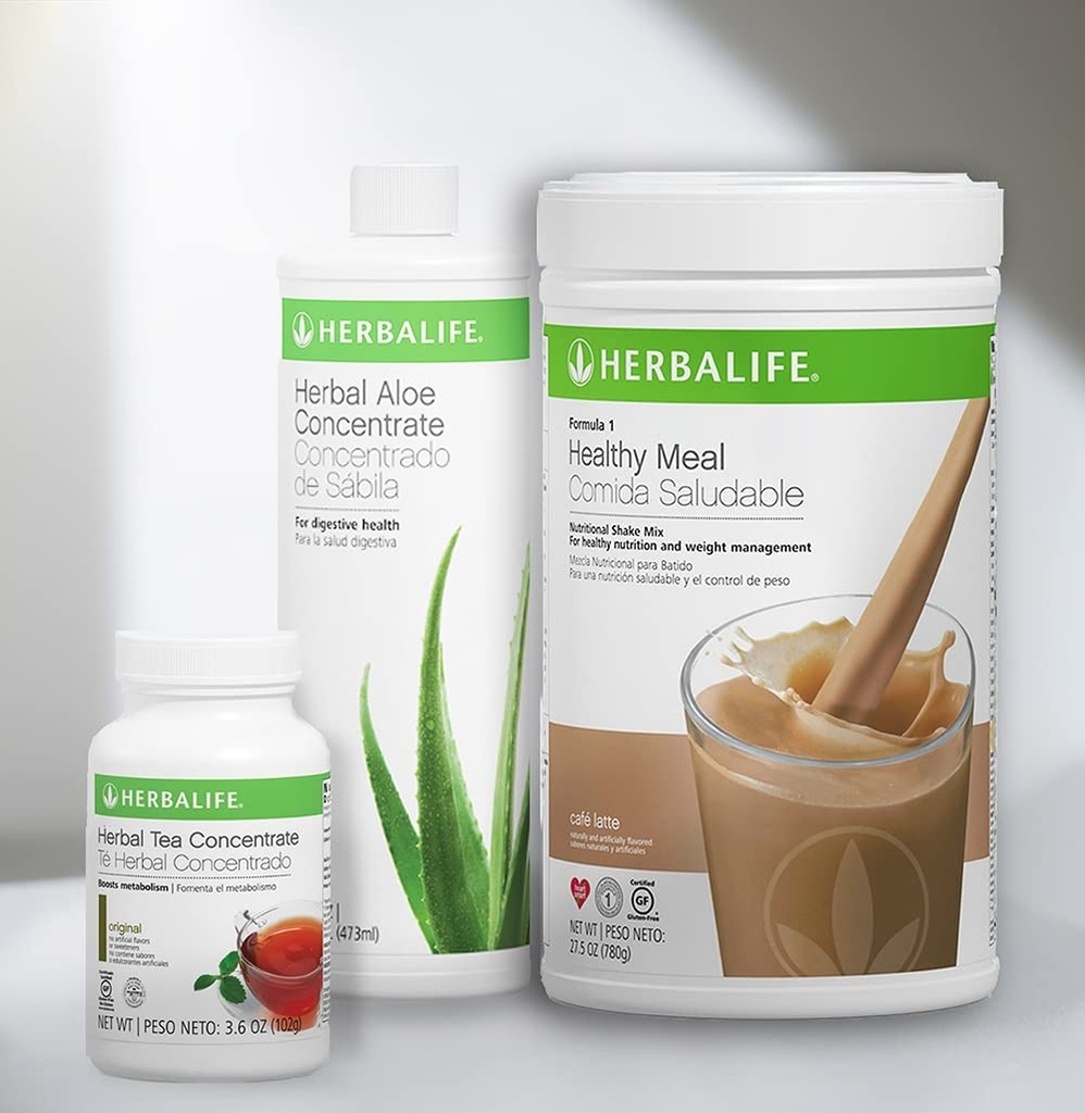 Trio Combo HERBALIFE Formula 1 Sunn ernæringsmessig risteblanding (Cafe Latte 780g)-Herbal Aloe Concentrate Pint (Original 473ml) - Herbal tekoncentrat (Original 102g)