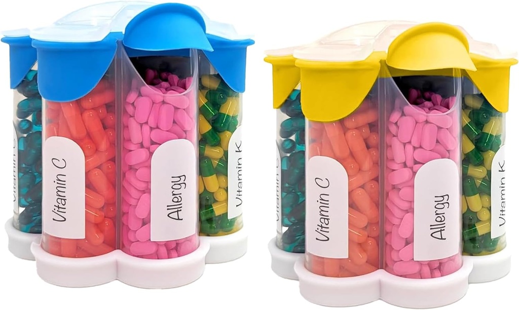 Ekstra stor pilleorganisator daglig, ukentlig, månedlig tilleggsflaske, søte Blossom piller dispenser med 7 XL sammenligninger (2 Pack Combo) (lys blå og gul)