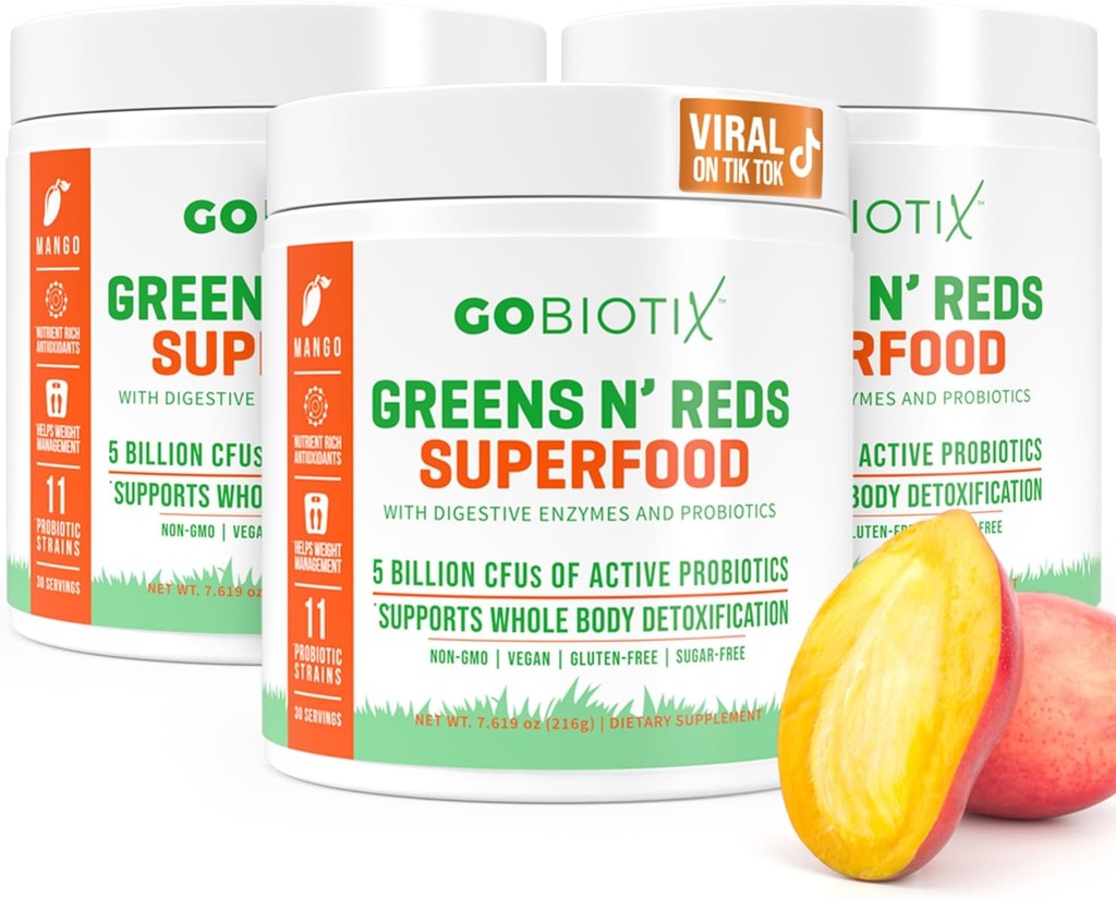 GOBIOTIX Super Grønn og Rødt pulver - Rød og grønn Superfood - Probiotiske Supplement - Digestive Enzymer og Beet Root Powder - Økologisk Hele Mat Kosttilskudd (Mango, 3 Pack)