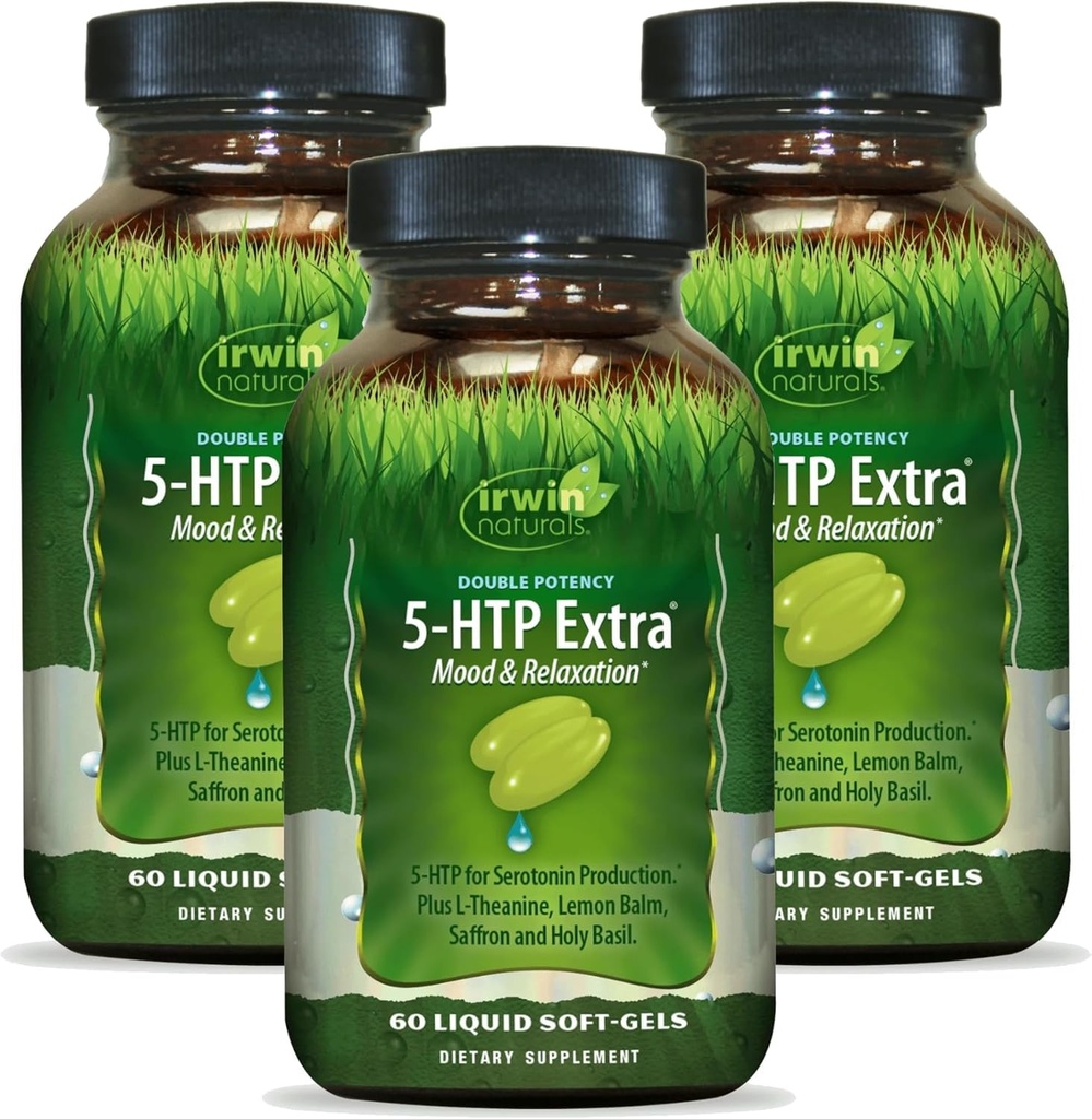 Irwin Naturals Double Potency 5-HTP Extra - 60 Flytende Soft-Gels, Pakke med 3 - for avslapning og serotoninproduksjon - 90 Total Services