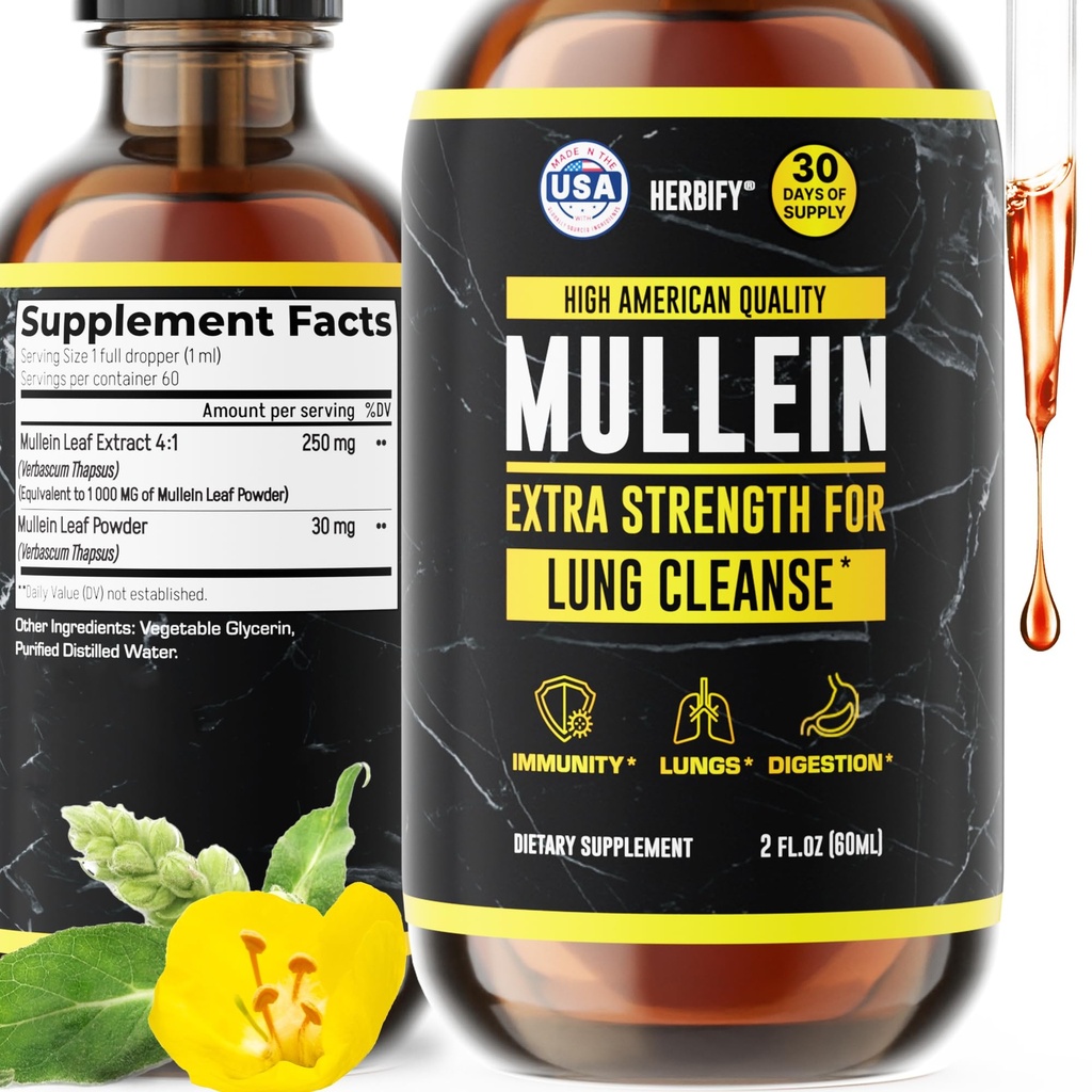 HERBIFY Mullein Extract 2 oz Tinktur for pustende helse, Mullein leaf og blomster blanding (Verbascum Densiflorum)