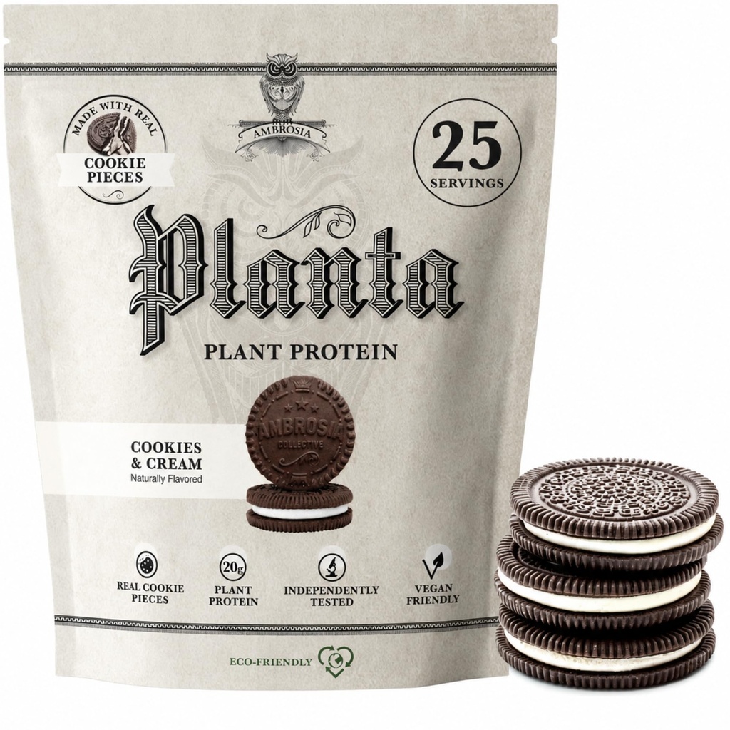 Ambrosia Planta - Premium Plant-basert protein | Vegan & ketovennlig | Gourmet flavors uten bloating eller mage Upset | Gluten & soya Gratis | Nei Lagt sukker | 25 Serveringer | Cookies Cream