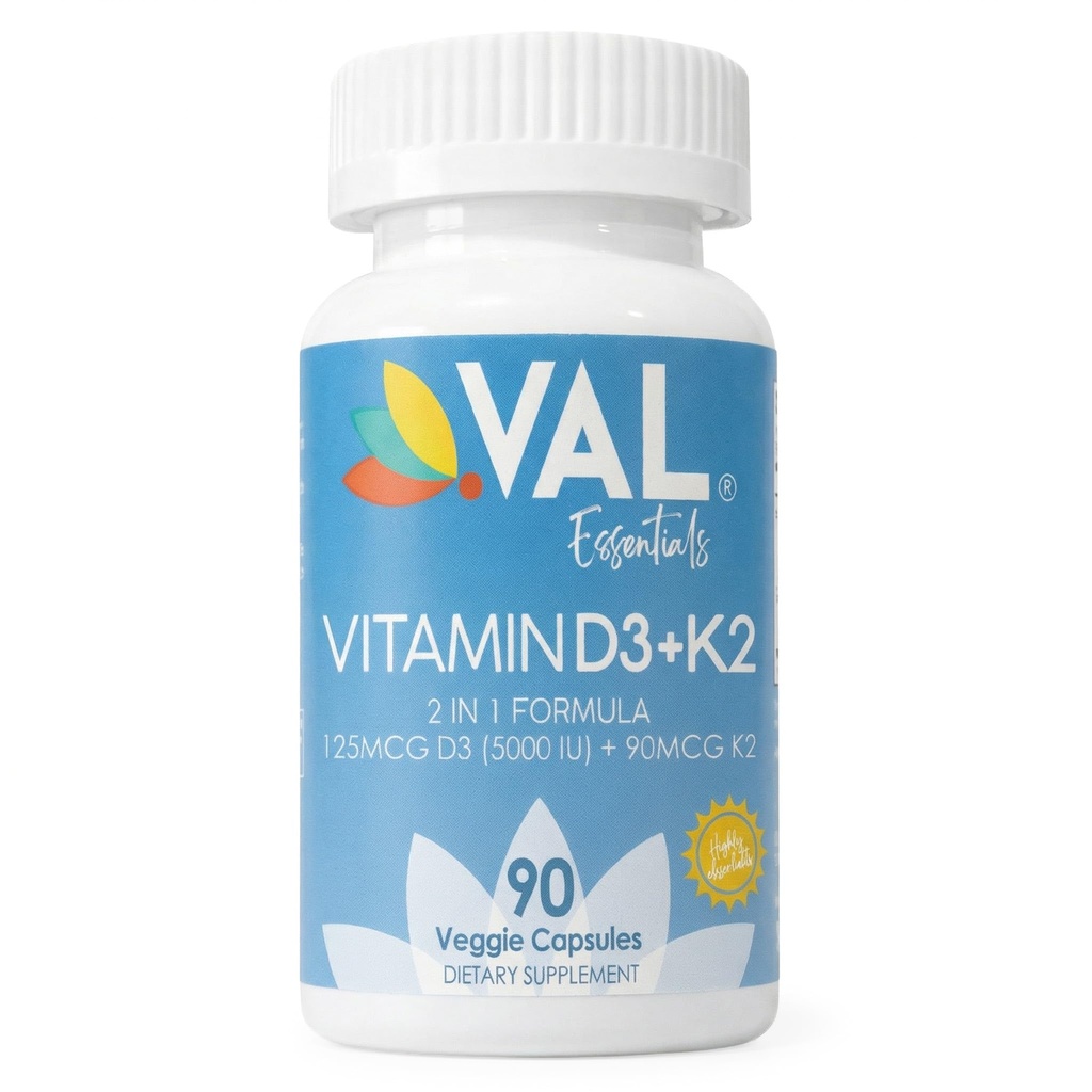 VAL-vitamin D3 + K2 (MK-7) 5000 IU & 90 MG – Bone & Heart Health Support – høy styrke, ikke-GMO, lett å svelge – 90 Vegansk kapsler – D3 K2 Supplement laget i USA