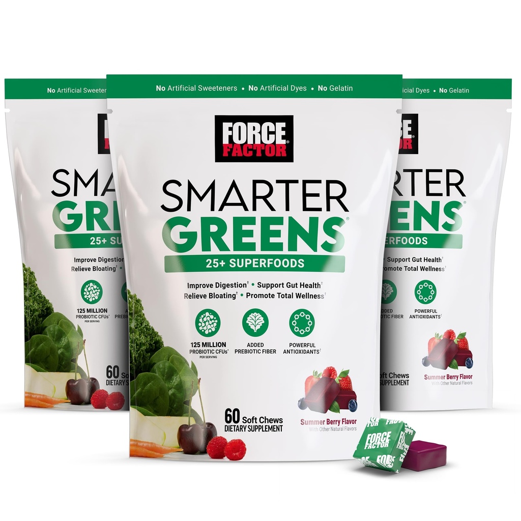 FORCE FACTOR Smartere Grønne Superfood Chews, 3-pakker, grønn og supermat med probiotika, antioksidanter og fiber, Grønn Supplement for å støtte digestion, nitrogenoksid og energi, 180 Chews