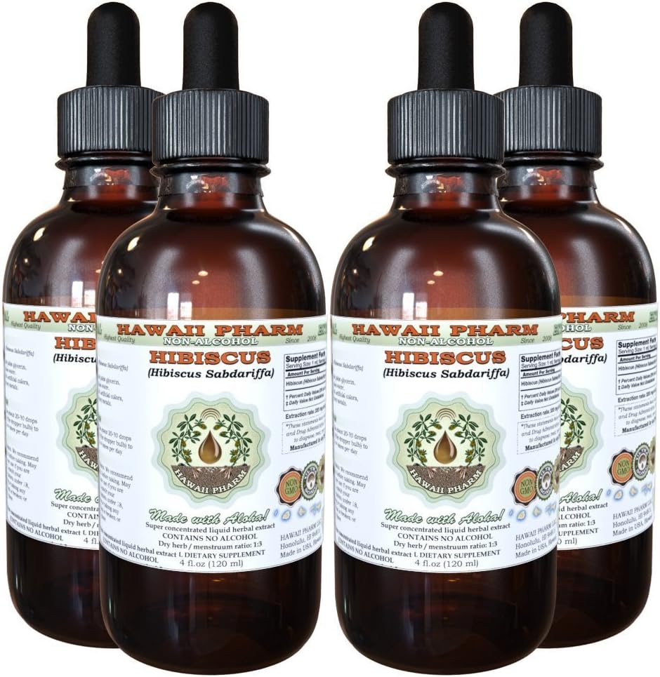 Hibiscus alkohol-fri flytende ekstrakt, økologisk Hibiscus (Hibiscus Sabdariffa) tørket blomst glykeritt Hawaii Pharm Naturlig Herbal Supplement 4x4 oz