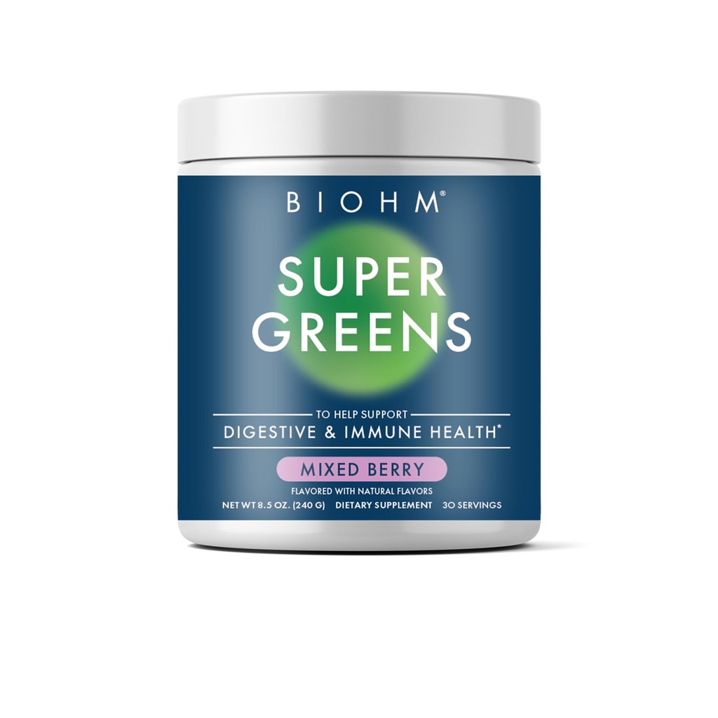 BIOHM Super Greens, Grønn Superfood pulver (8,5 Oz, 30 Serveringer) Antioksidant Veggie pulver & Smoothie Mix, 34 Superfoods & Spirulina, Digestive Enzymer, Prebiotika og Probiotika, Blandet Berry Flavor