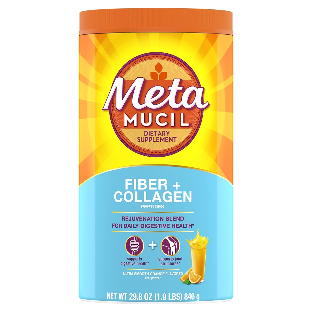 Metamucil Daily Fiber + Collagen, Psyllium Husk pulver, Plant Basert Fiber Supplement, Sukkerfri med Stevia, 3-i-1 Fiber Supplement for Digestive Helse, Orange Flavored, 90 doser