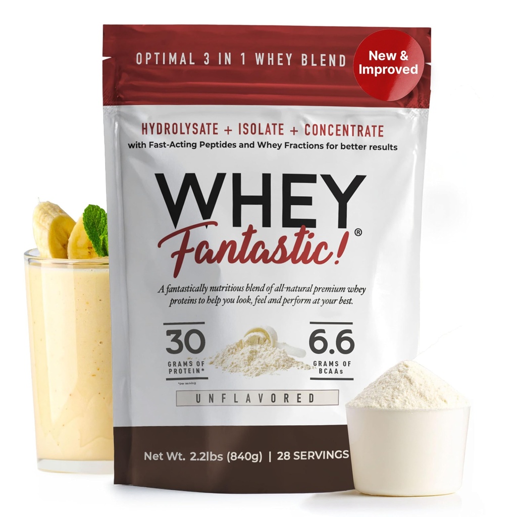 3-i-1 Whey Protein Powder Unflavored 2.2lb – 30 g Grass-Fed Protein fra Whey Hydrolysat, Isolat og Konsentrasjon per servering – Ikke-GMO, Soya-fri, sukkerfri – 28 Services