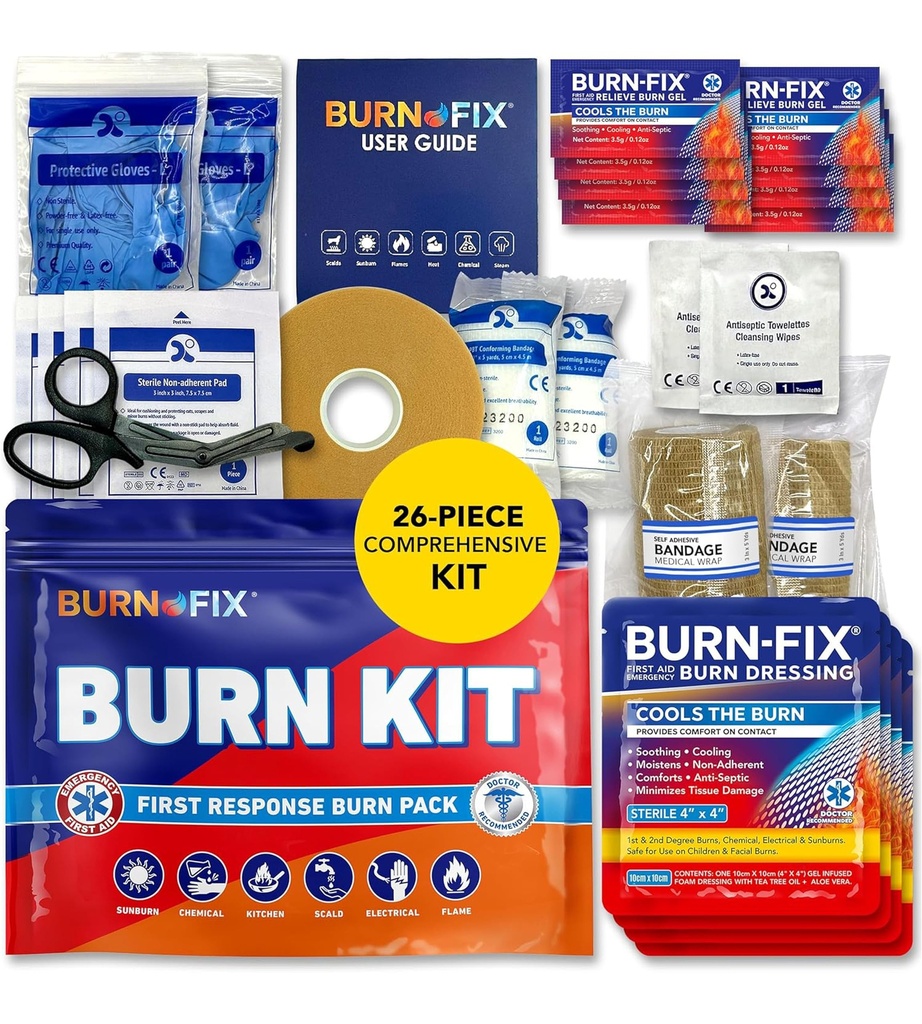 BurnFix® Burn Kit Førstehjelp til Burns Emergency – 26-Piece Burn Behandling med kjølegel, kjoler og hansker – kjøkken, solbrenner, kjemisk og skald relief – Hjem, kontor, reise