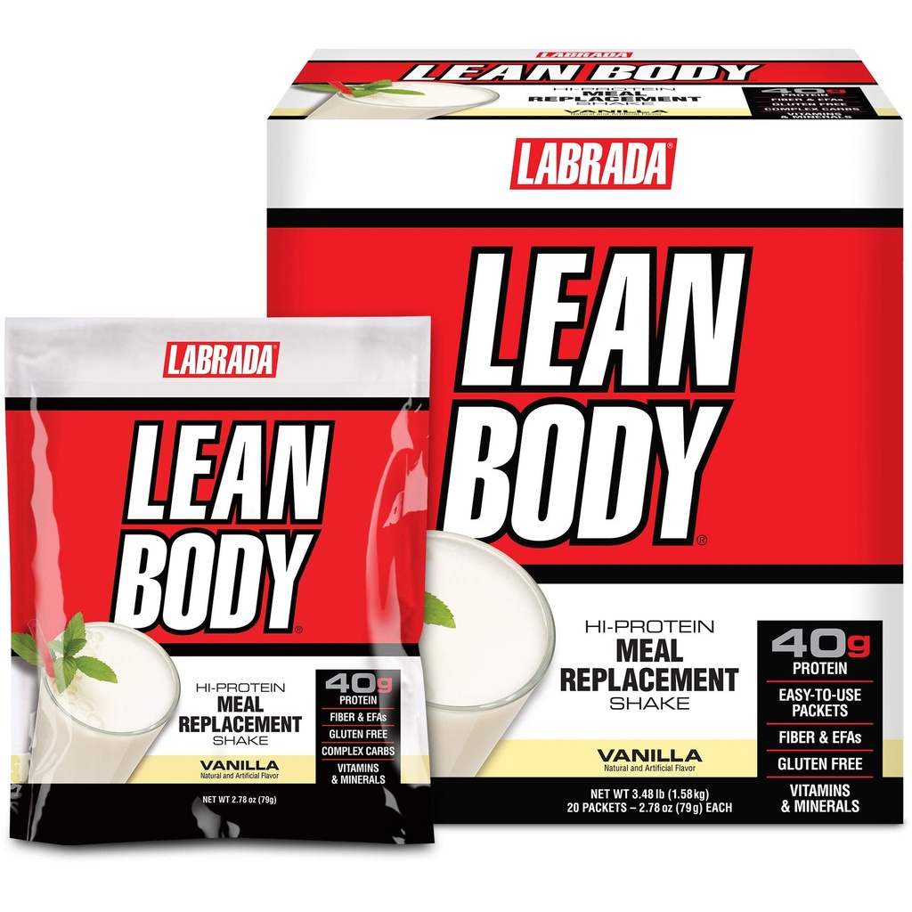 Lean Body MRP All-In-One Vanilla måltid utskiftningsshake, 40g protein, Whey blanding , 8g sunne fett EFA & fiber, 22 vitaminer og mineraler , Ingen kunstig farge, Glutenfri, (20 pakker)