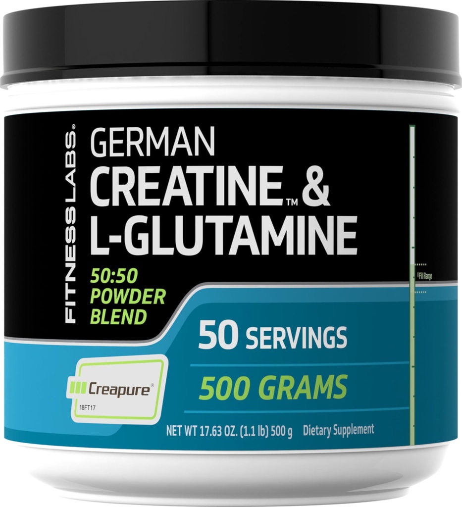 Fitness Labs Tysk Kreatin og L-Glutamine | 1,1 lbs | Monohydrat og Kreapure pulver | Vegan Fitness Supplement
