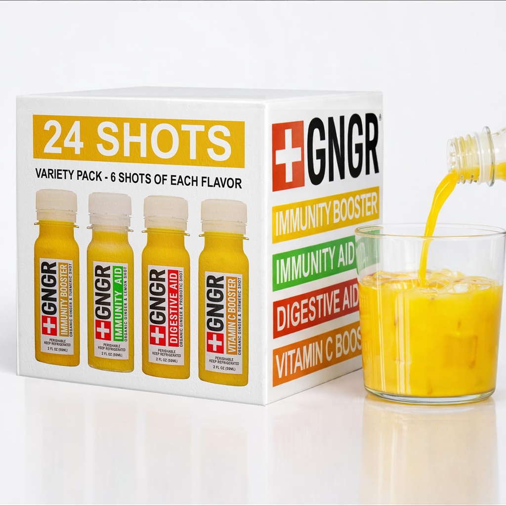 +GNGR 24 Shots Variety Pack av organisk immunisme Boosting Ginger Shots - kaldt presset Ginger Shots for alle naturlige Digestive og immunstøtte - ingenting kunstig - USDA Organic 2 fl oz (Pack of 24)