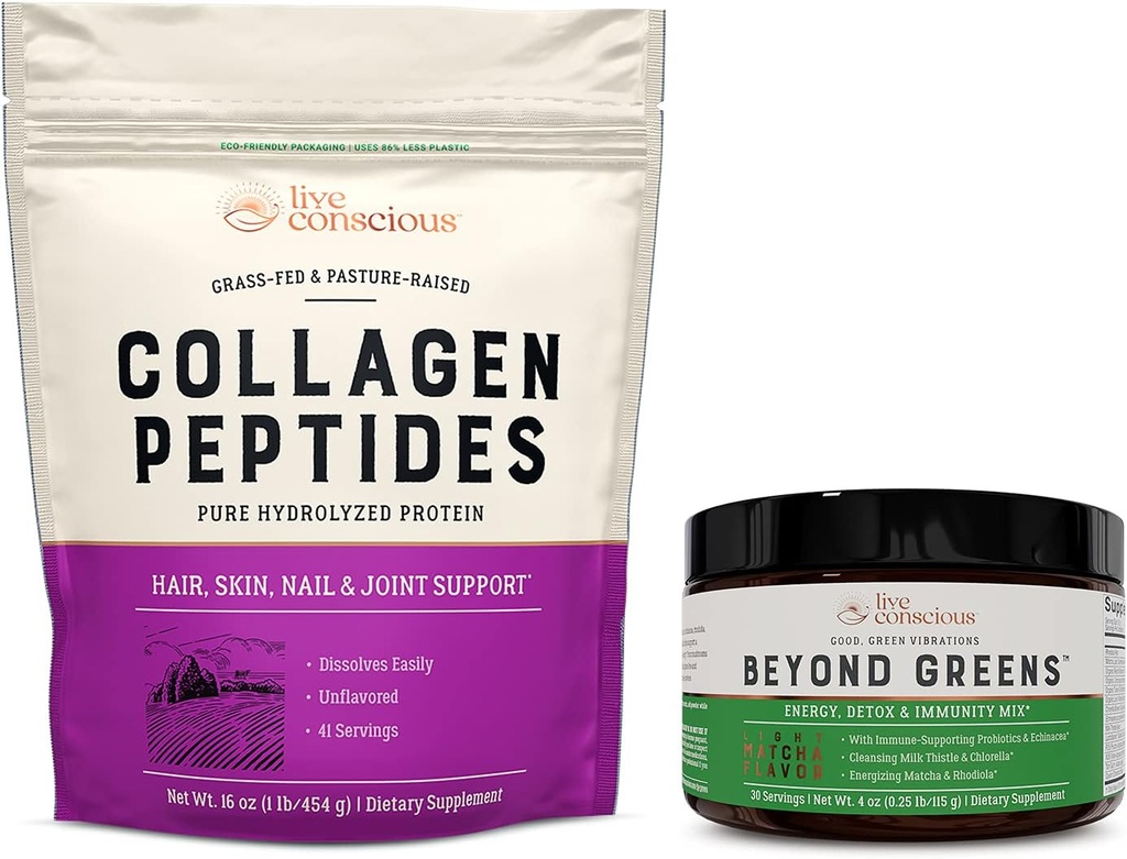 Kollagen Peptider & Beyond Greens | Håret, huden, neglen og felles støtte + Immun Boost, Detox, & Energi