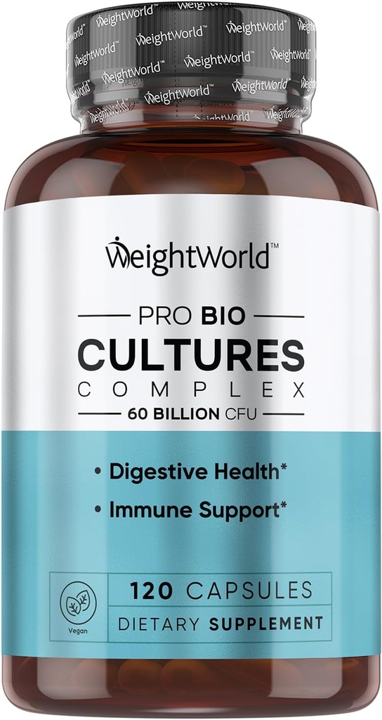 VektWorld Bio Cultures Complex - Probiotiske for kvinner og menn - tredjeparts lab testet - 120 Vegan Capsules (2 måneders forsyning) - 60 milliarder CFU med 20 probiotiske strimler - Vegan, ikke-GMO & Glutenfri